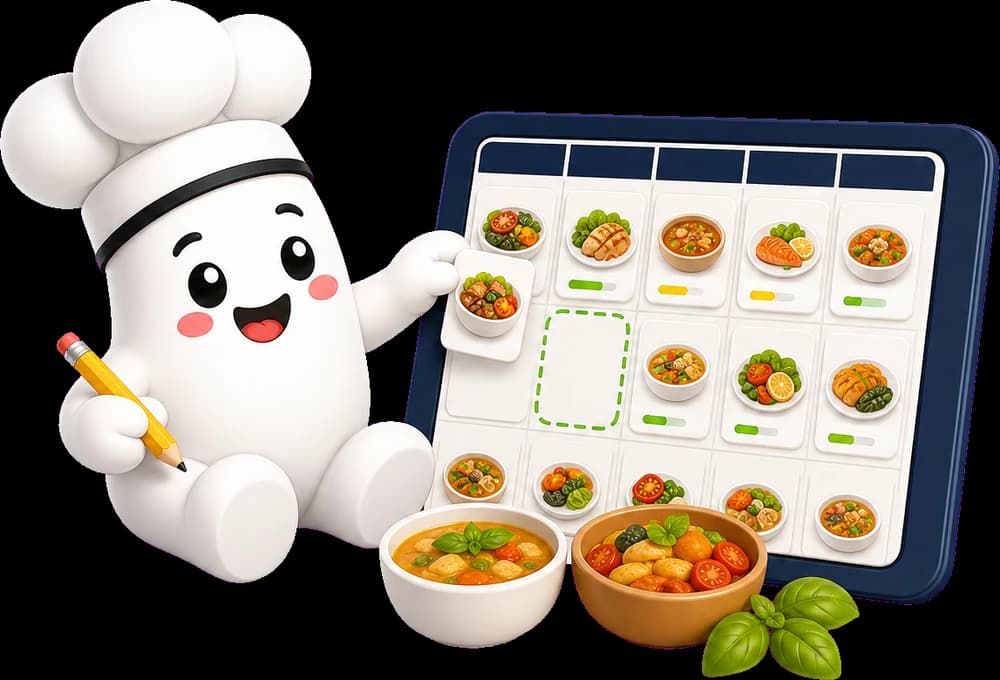 Maskotka ScrappyMeal układa posiłki w tygodniowym planerze