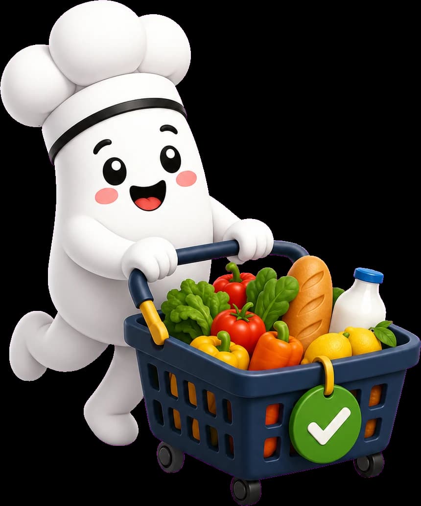 Maskotka ScrappyMeal pcha koszyk z produktami z listy zakupów