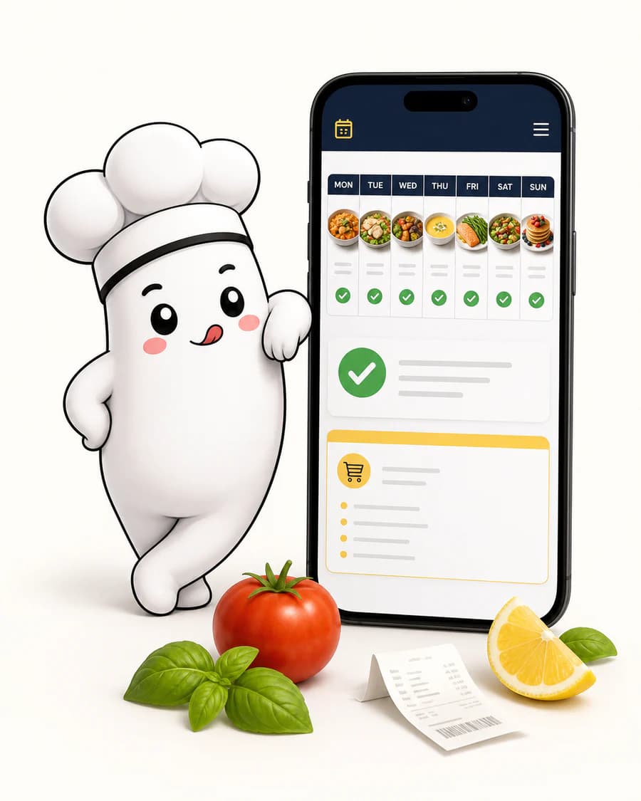 Maskotka ScrappyMeal obok telefonu pokazującego gotowy plan posiłków
